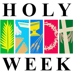 words holy week and images of cross, palms, chalice