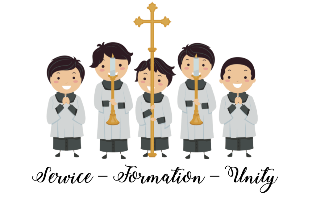 drawing of 5 altar servers and holding 1 cross