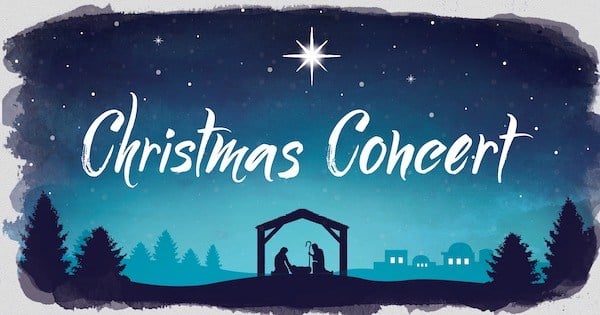Words Christmas concert on a background nativity scene