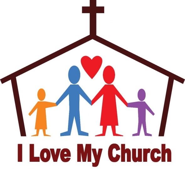 words I love my church and drawing of people under church roof with heart