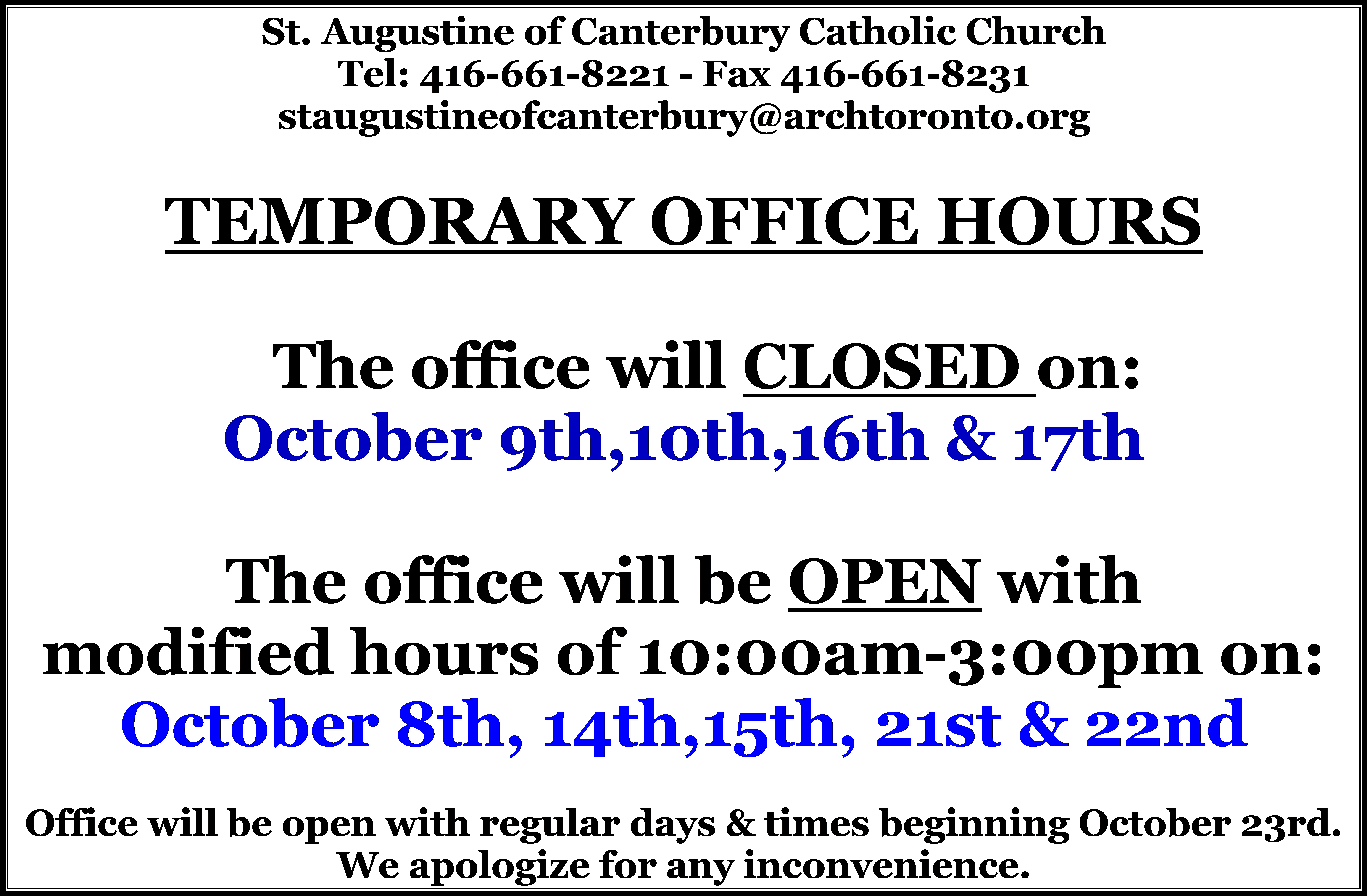october 2026 temp office hours