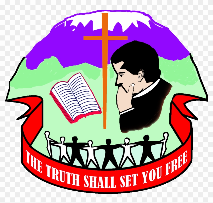 drawing of cross, bible, bust of St. John Bosco behind a banner with the words The truth shall set you free.
